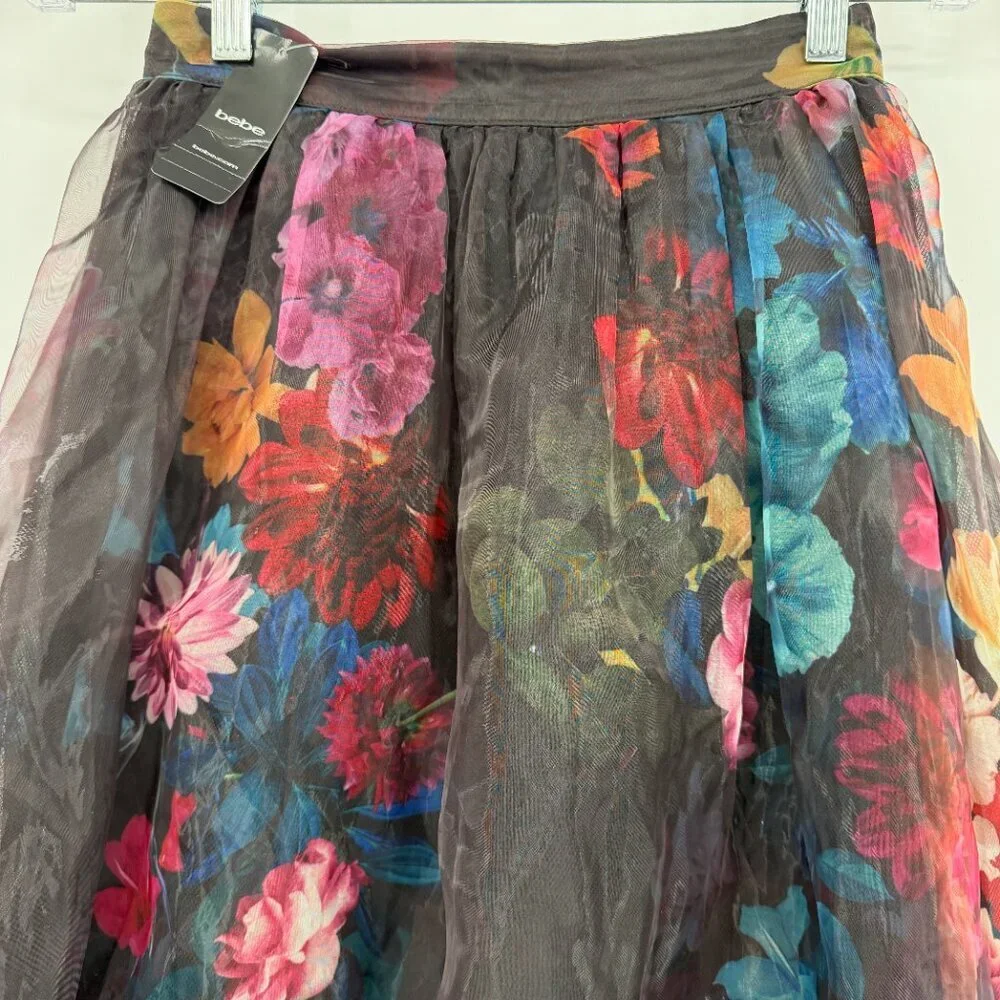 Bebe Floral Mesh Overlay Mini Skirt Skort Women’s Small High Waist Cocktail NWT - Picture 2 of 14